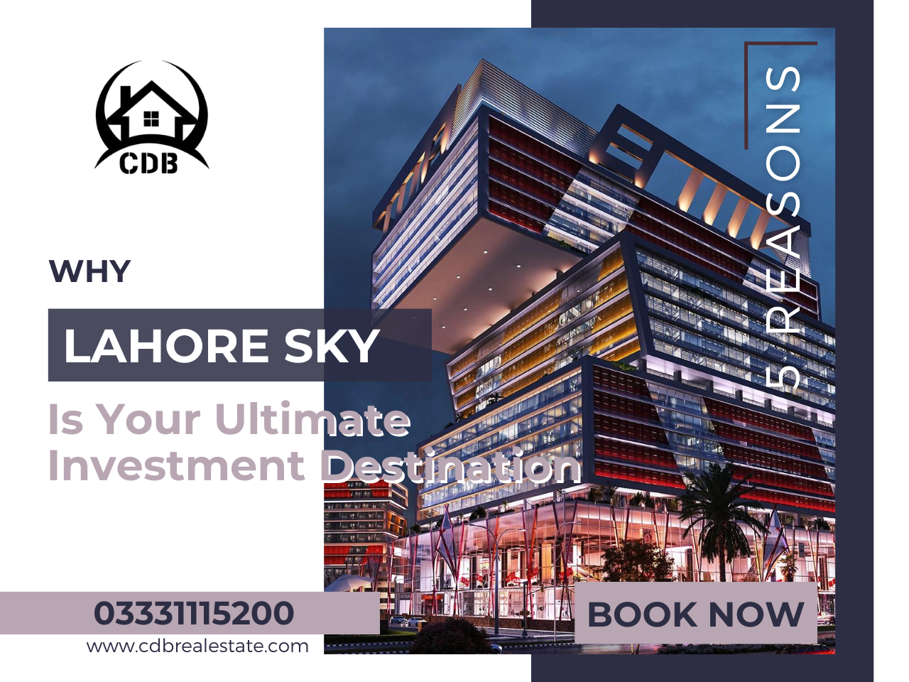 5 Reasons Why Lahore Sky Is Your Ultimate Investment Destination In the realm of Lahore's real estate, Lahore Sky stands tall as a flagship project, meticulously presented by CDB Properties. As avid advocates for top-tier investment opportunities, here are five compelling reasons to consider Lahore Sky for your next investment venture. Unique Elevation The distinctive and captivating elevation of Lahore Sky emerges as a primary draw for investors. This architectural marvel adds a unique charm to the project, making it a landmark and an appealing prospect for those seeking visual brilliance in their investments. LDA Approval Backed by the credibility of OZ Developers, Lahore Sky proudly boasts full LDA approval. OZ Developers, with a robust portfolio of successful projects, has secured all necessary NOCs for Lahore Sky. This translates to a secure investment, providing investors with peace of mind. Ideal Location Situated prominently on the bustling Ferozepur Road, Lahore Sky offers an ideal location for investment. Ferozepur Road, a major artery in Lahore, not only connects various landmarks and cities but also anticipates future developments like the metro bus expansion and motorway interchanges, promising increased accessibility. In close proximity to Lahore Sky, major housing projects like Central Park, Palm City, Grand Avenue, and DHA 9 and 10 add substantial value, further enhancing its strategic location. DFO Attraction: Direct Factory Outlets A distinctive feature setting Lahore Sky apart is the inclusion of Direct Factory Outlets (DFO). This innovative concept offers investors access to lavish amenities, making their investment not just secure but also opulent. Comprehensive Amenities Lahore Sky doesn't just stop at being a residential or commercial project; it's a comprehensive investment offering. From luxurious apartments and penthouses to a swimming pool, spa, and salon, Lahore Sky encapsulates all facets of a modern, fulfilling lifestyle. Conclusion: For those in pursuit of the best investment options, Lahore Sky emerges as the epitome of excellence. It marries aesthetic brilliance with practicality, making it an investment opportunity that transcends the ordinary. To embark on this journey, seize the moment, and secure your investment with Lahore Sky. For bookings and detailed inquiries, reach out to the seasoned experts at CDB Properties.