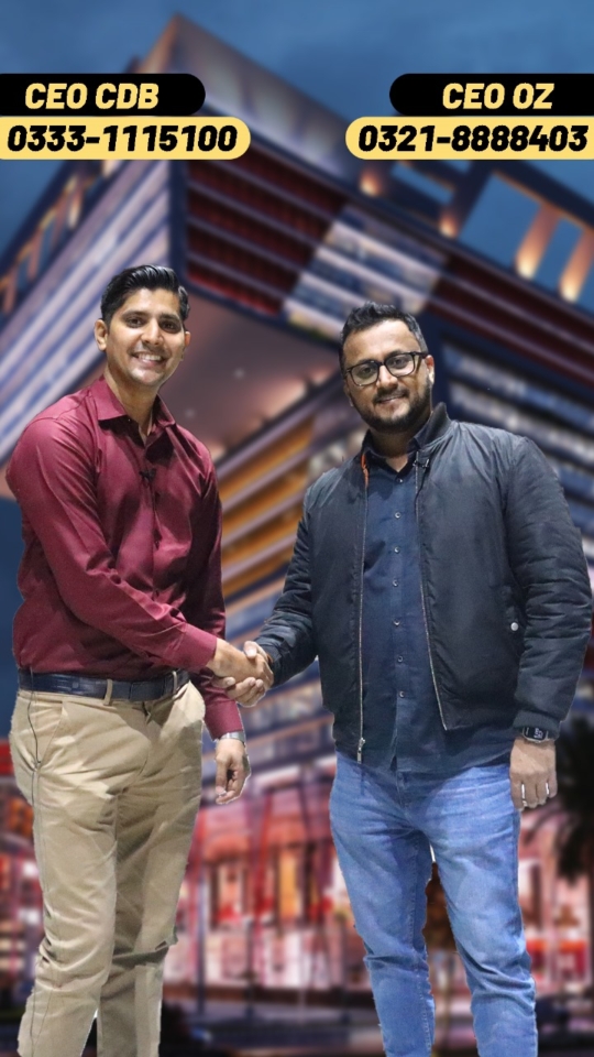 Haroon Hanif, CEO of OZ Developers, and Waqas Naseer, CEO of CDB Properties, shaking hands in front of a rendering of their new project, Lahore Sky.