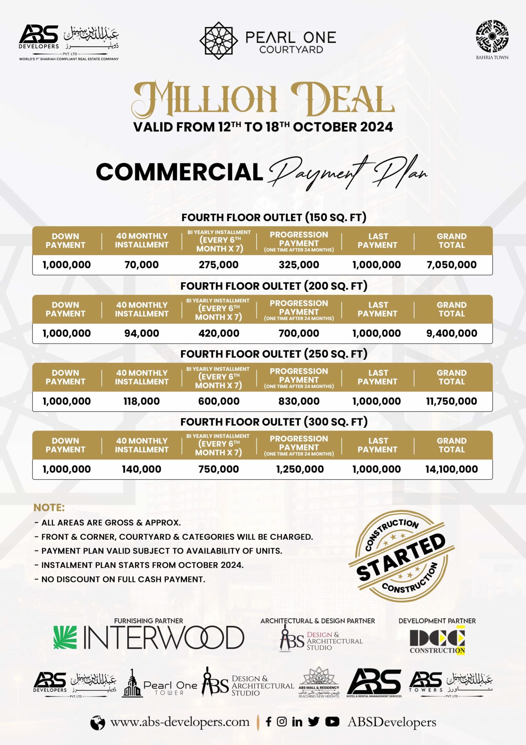 Pearl One Courtyard Forth Floor Payment Plan